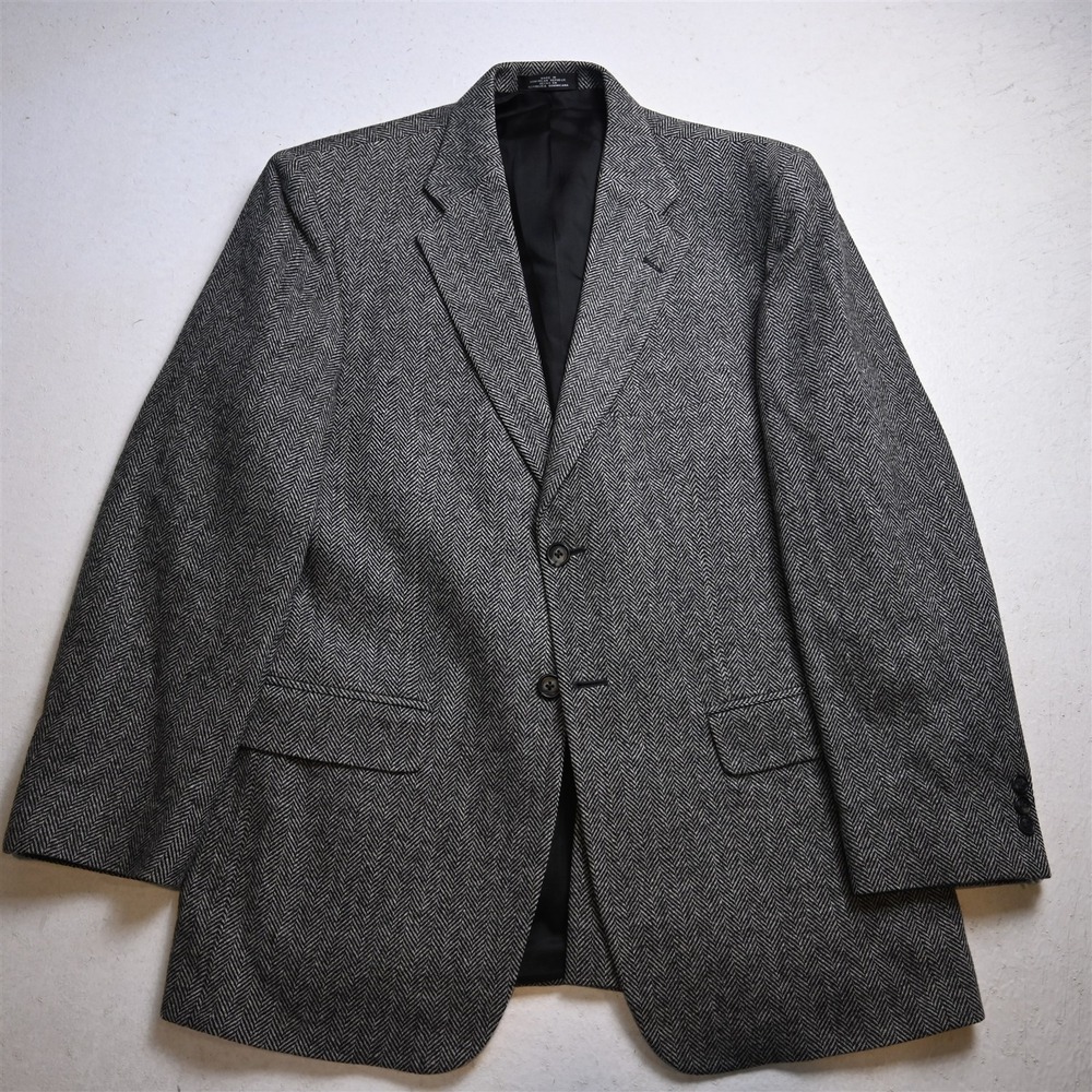 Vtg 90s 40R Gray Herringbone 100% Wool Tweed Mens Blazer Suit Jacket Sport Coat